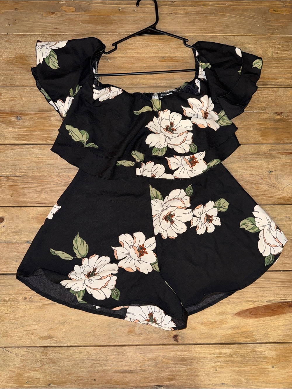 Fashion Nova Black Floral Off-Shoulder Romper